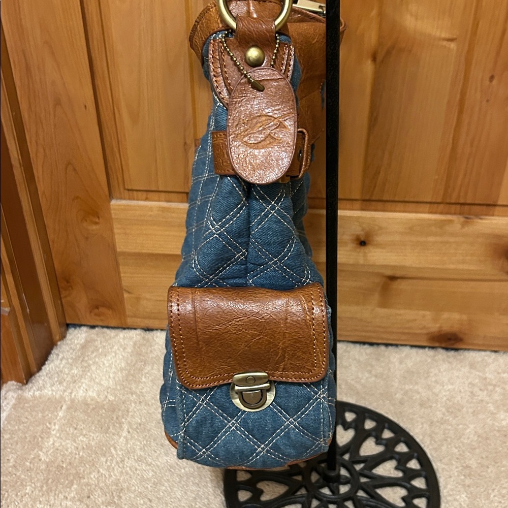 Denim and Faux Leather Diamond Stitched Hobo Style Bag - Picture 5 of 15